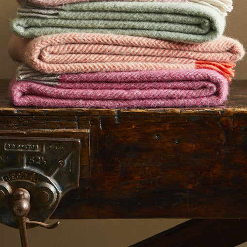 Pink & Silver Grey Herringbone Wool Throw / Blanket