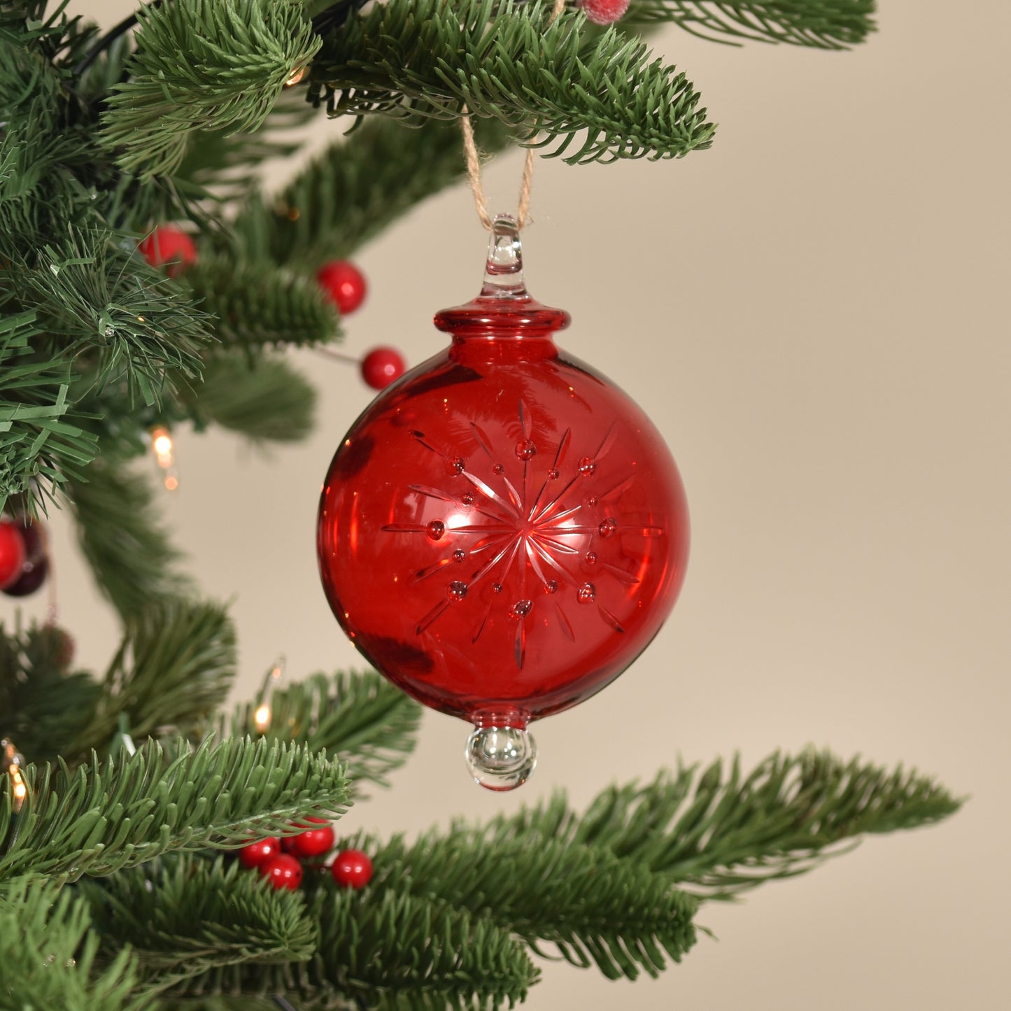Snowflake Handblown Glass Bauble - Red - Large