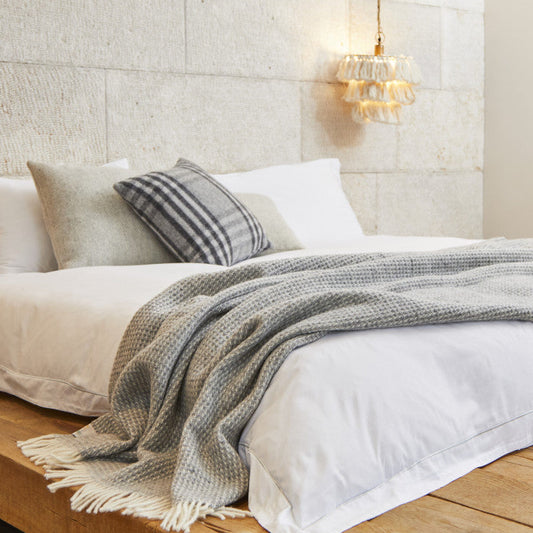 Grey Waffle Pure Wool Throw / Blanket 240cm