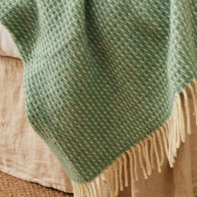 Sea Green Waffle Pure Wool Throw / Blanket 240cm