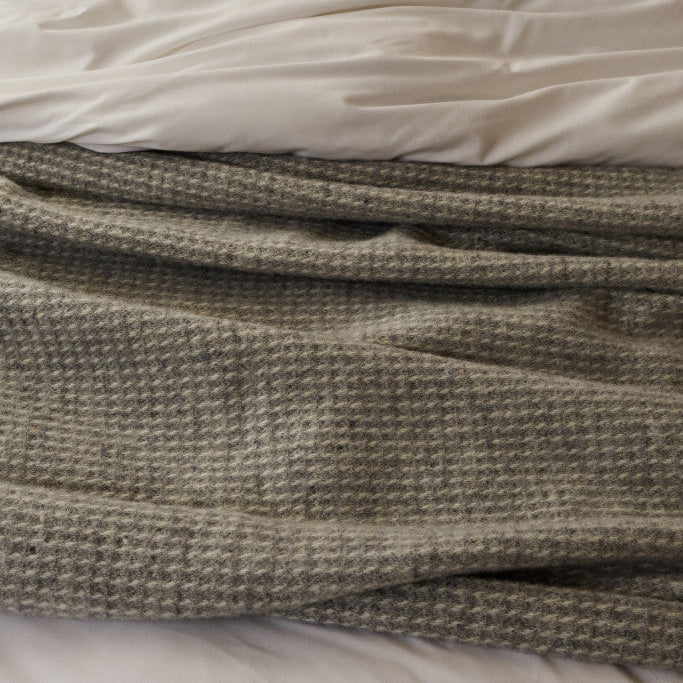 Grey Waffle Pure Wool Throw / Blanket 240cm