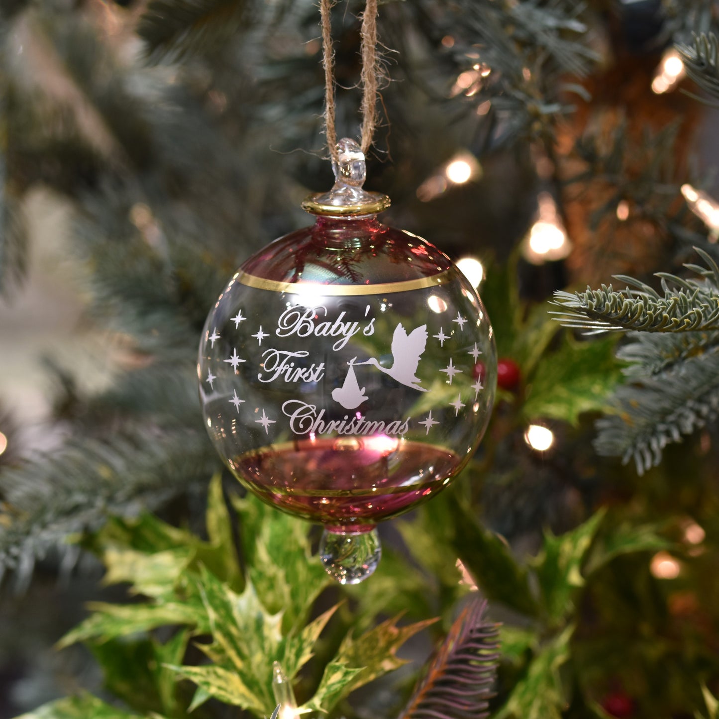 "Baby's First Christmas" Handblown Glass Bauble - Gold & Iridescent Red - Large