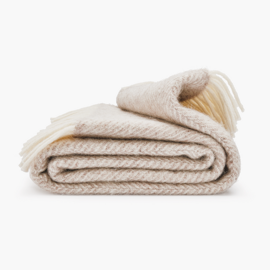 Beige Oatmeal Herringbone Pure Wool Throw