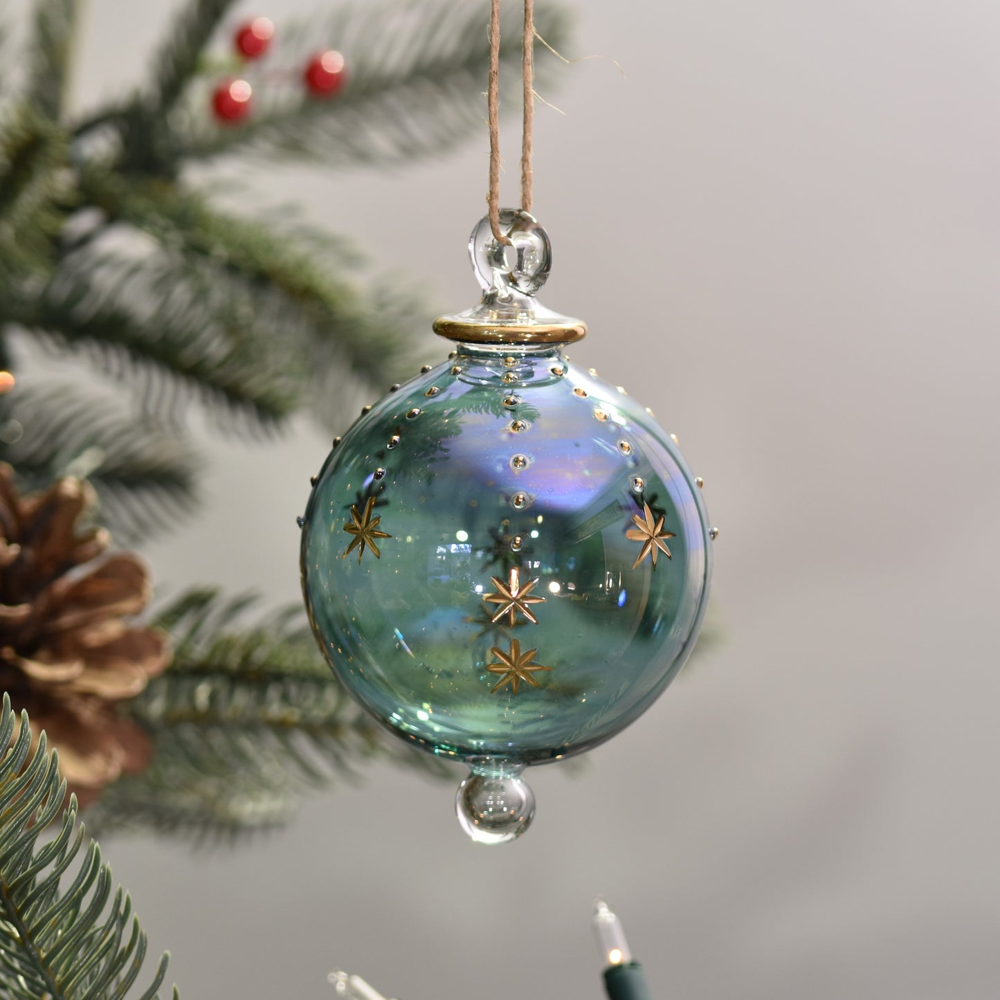 Snowfall Handblown Glass Bauble - Jade Green & Gold - Large