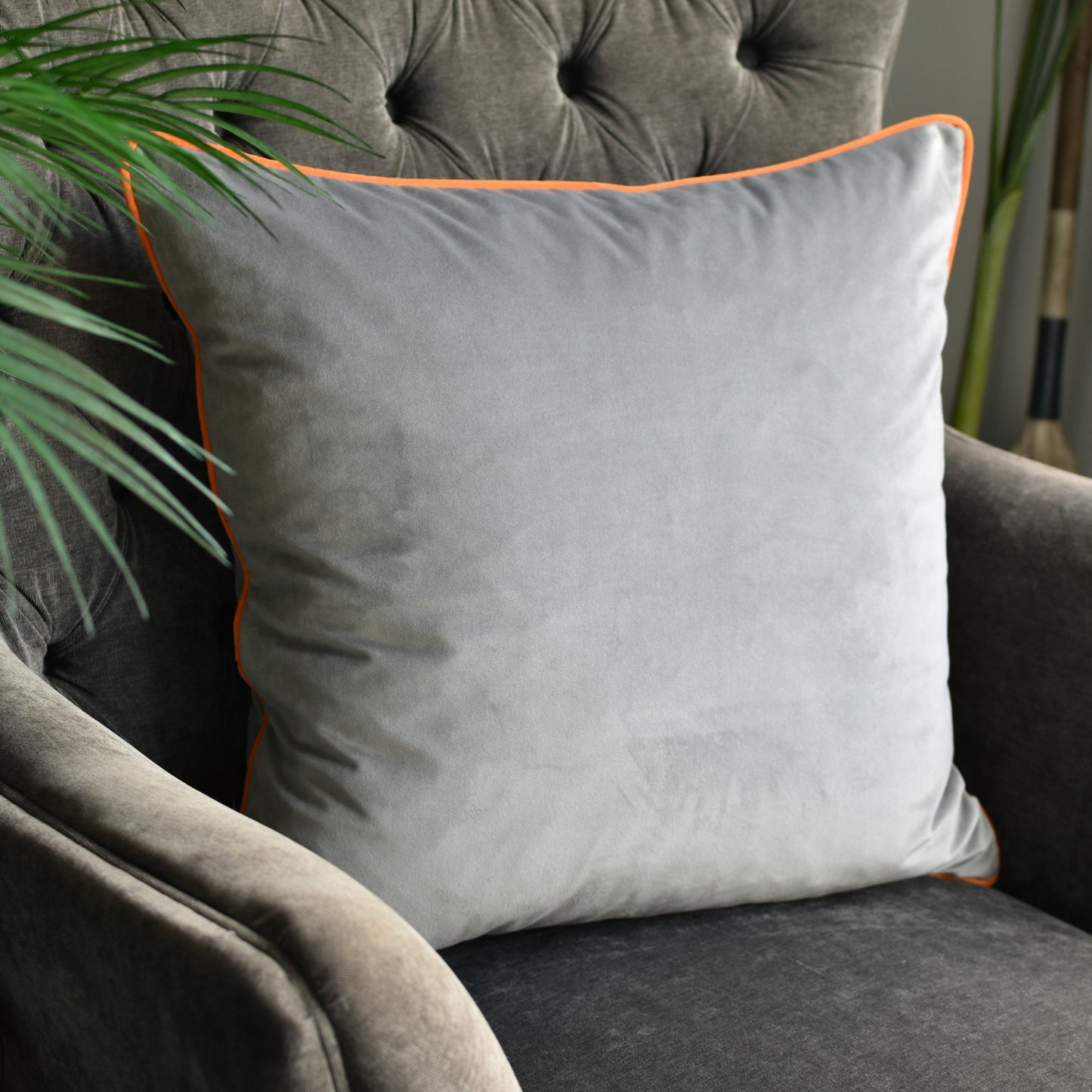 Silver Grey & Bright Orange 55cm Velvet Cushion
