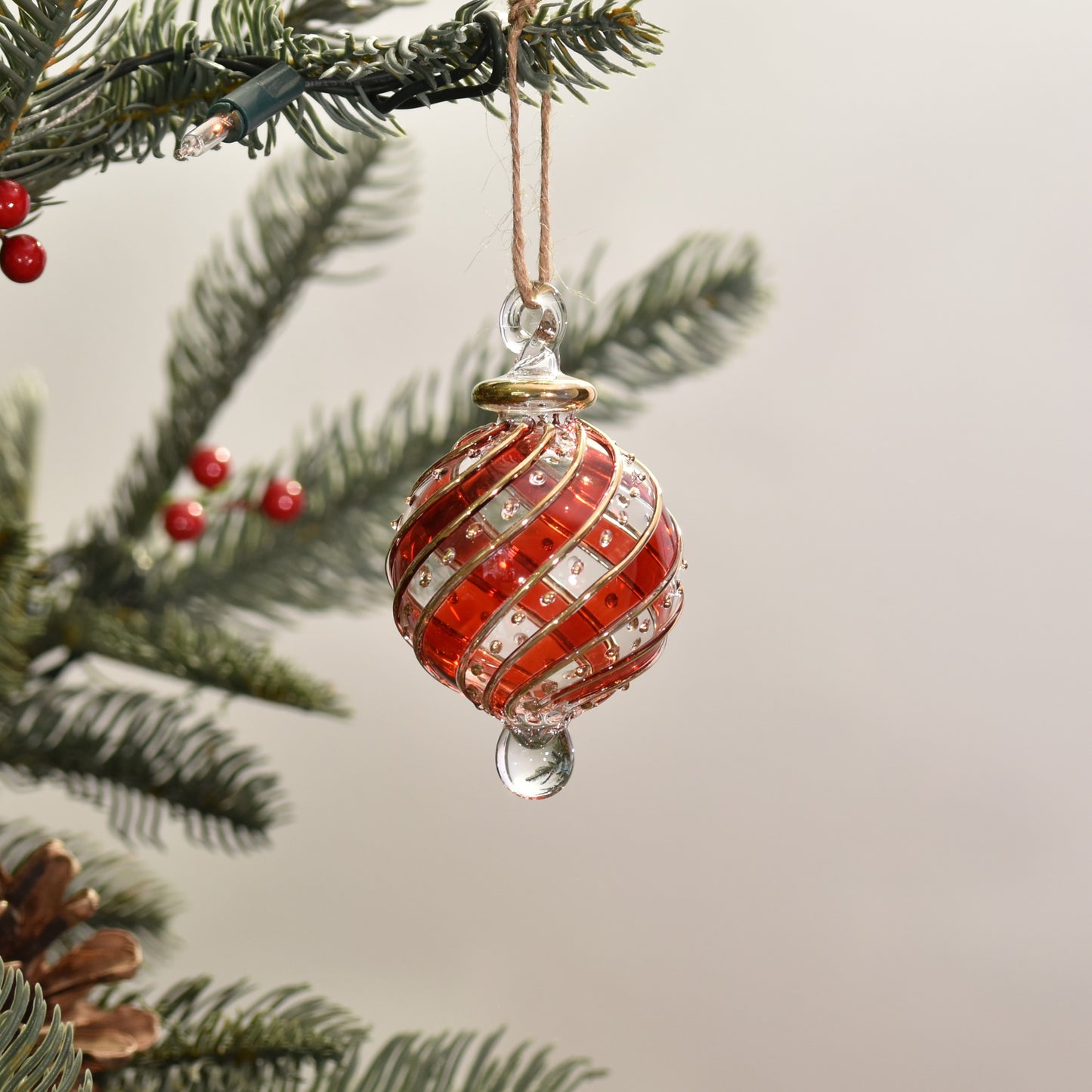Ribbons Handblown Glass Bauble - Red & Clear - Small