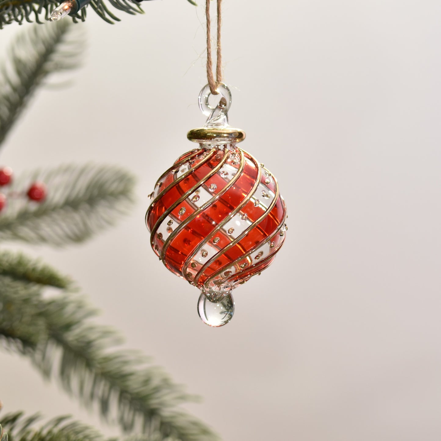 Ribbons Handblown Glass Bauble - Red & Clear - Small