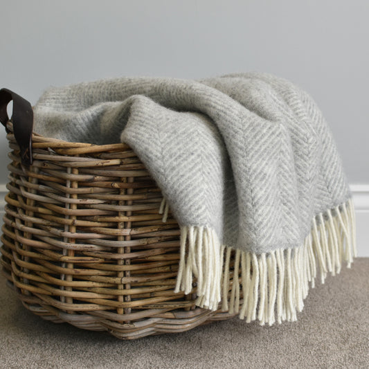 Silver Grey Herringbone Pure Wool Throw