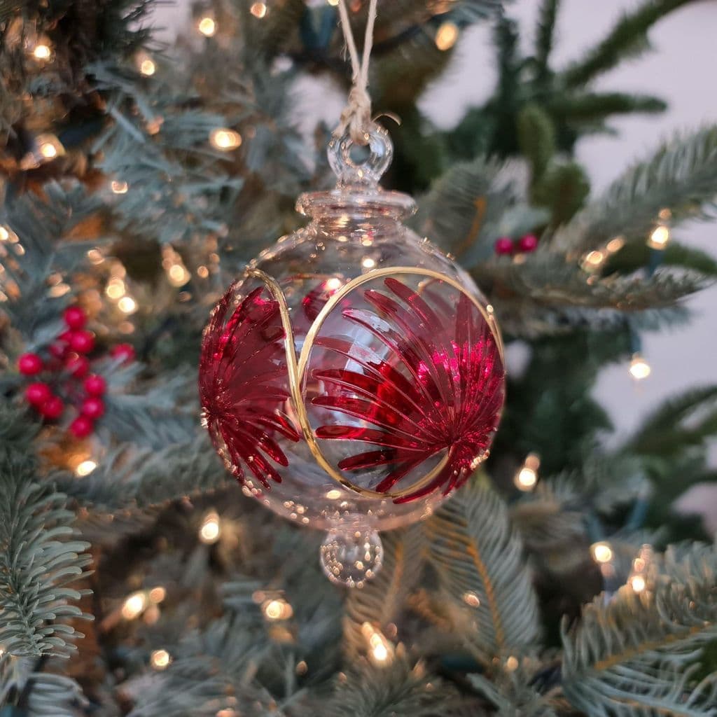 Palm Handblown Glass Bauble - Red & Gold - Large