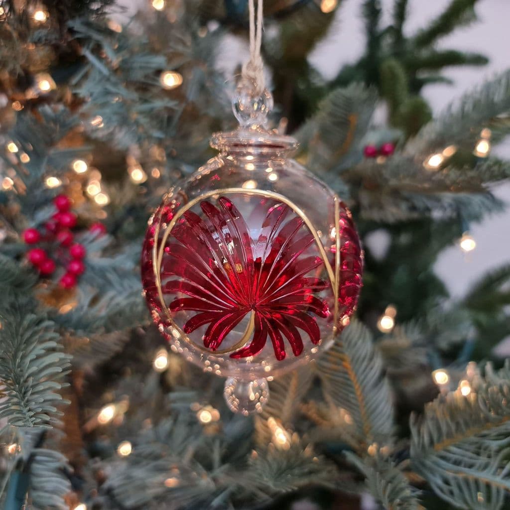 Palm Handblown Glass Bauble - Red & Gold - Large