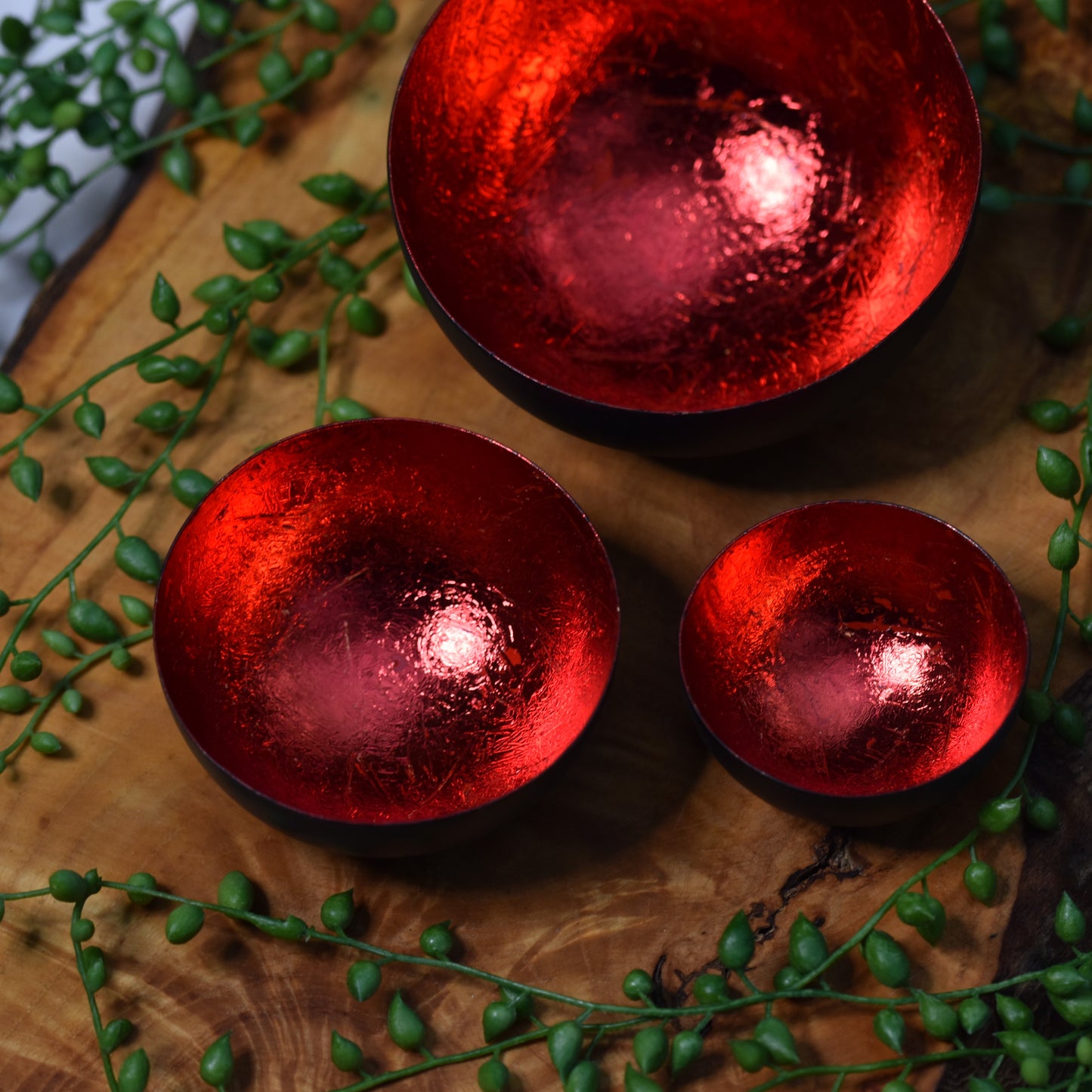 Set Of Three Foiled T-Light Holders - Tomato Red