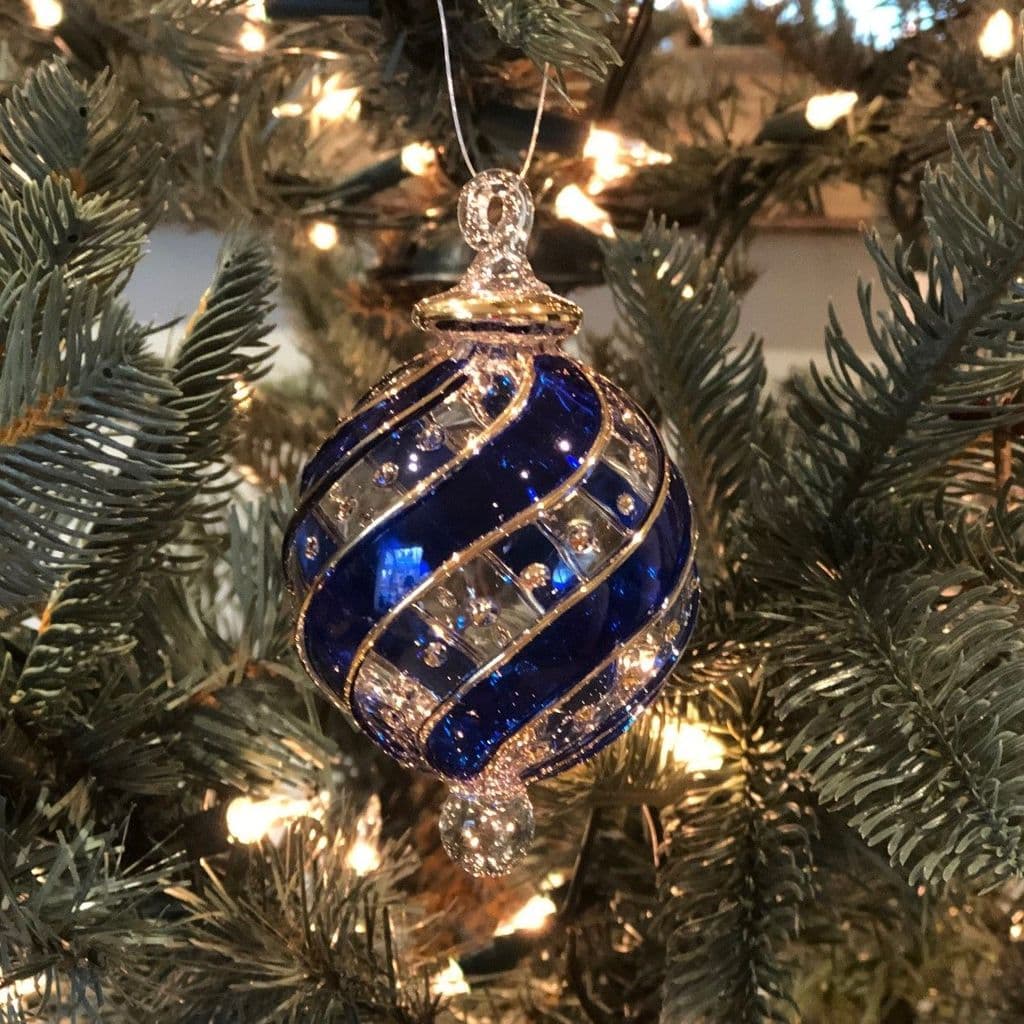 Ribbons Handblown Glass Bauble - Blue - Small