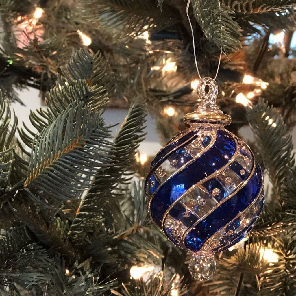 Ribbons Handblown Glass Bauble - Blue - Small