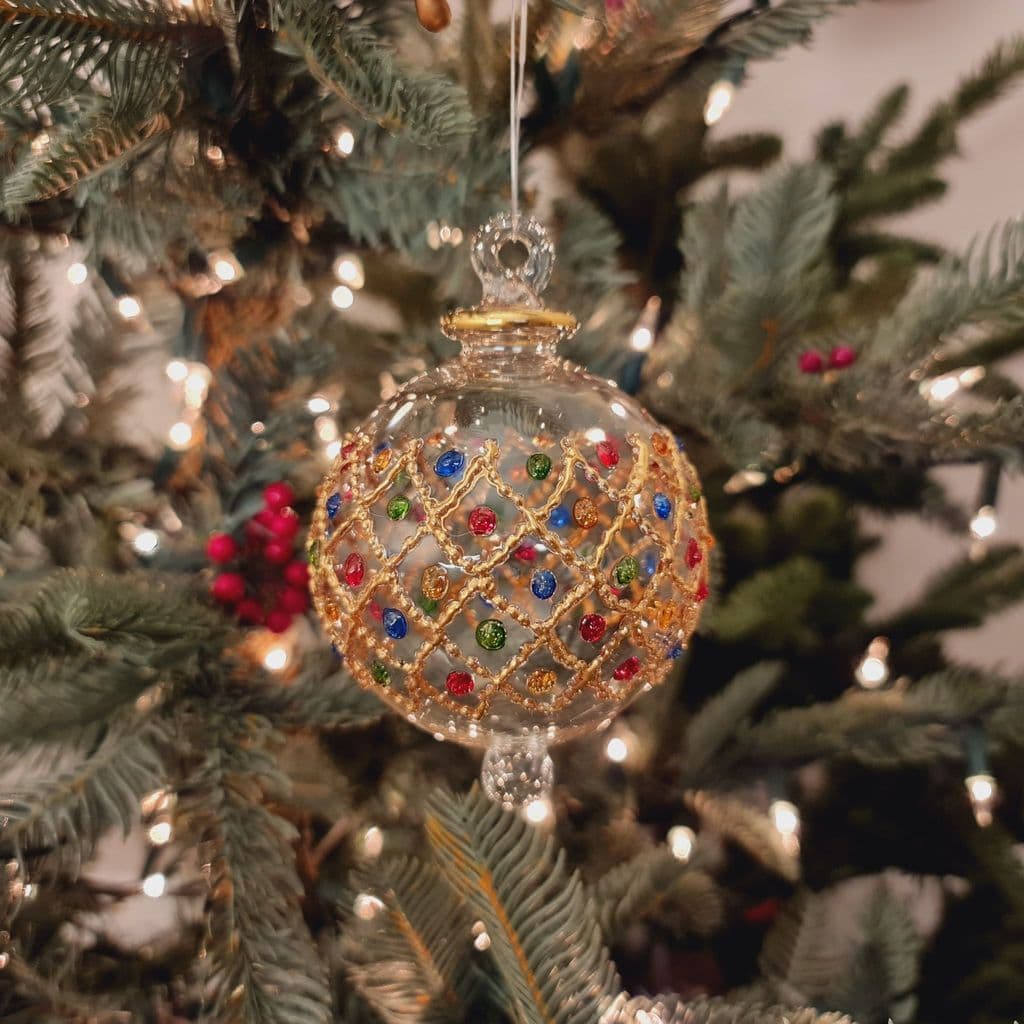 Diamonds Handblown Glass Bauble - Multi & Gold Colour - Large
